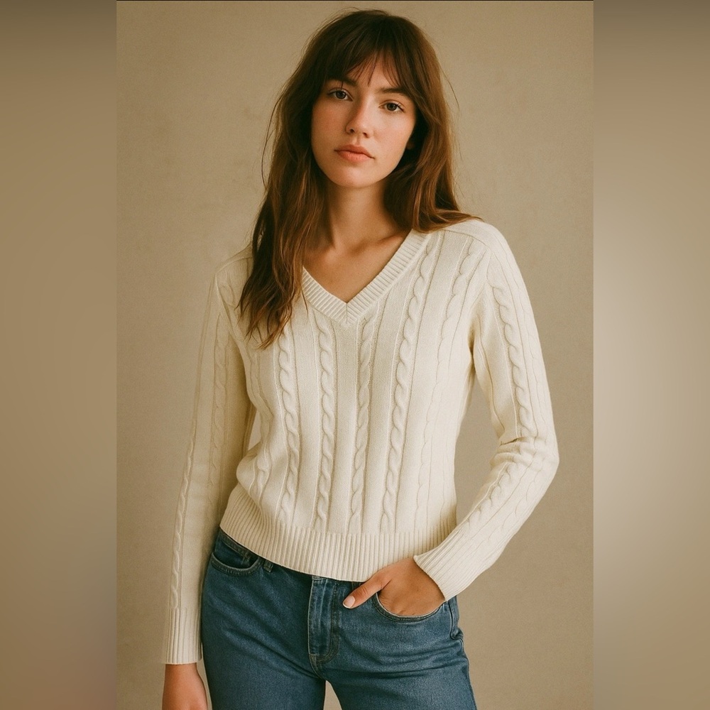 John Galt White Ida Cable Knit Sweater Women’s S V Neck Long Sleeve Y2K Preppy